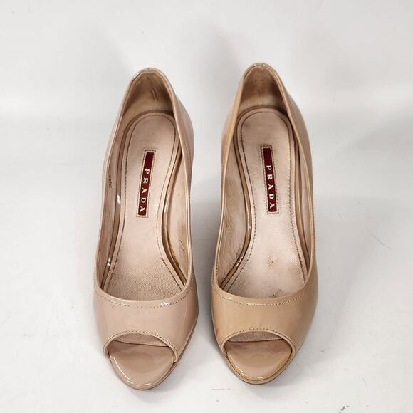 Prada Patent Leather Peep Toe Cork Wedge Pump Shoes Womens 35.5 Nude Classic - Picture 1 of 8